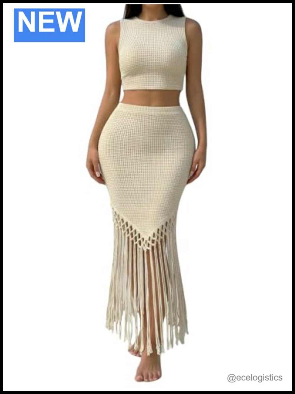 2 Piece Boho Crop Tank Fringe Skirt Waffle Knit Set